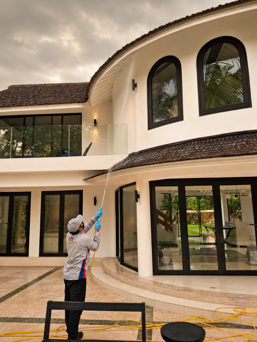 DTA technician treating the exterior of a Bali villa